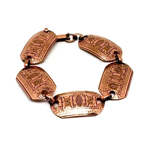 Jewelry - Vintage Copper Link Bracelet with Etched Floral Design